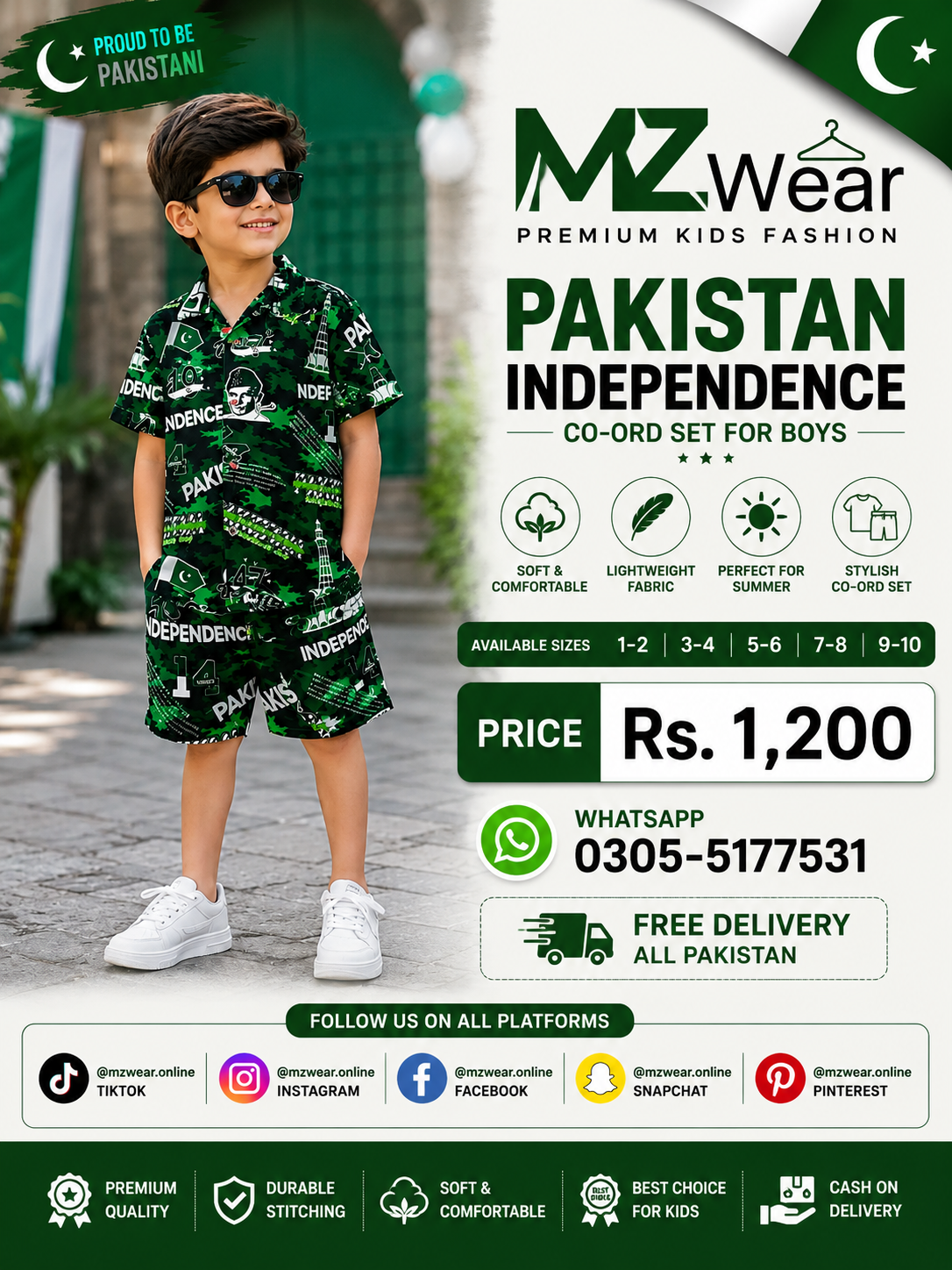 A boy modeling a green and black patterned two-piece kids' outfit with matching shorts, sunglasses, and white sneakers, set against a blurred outdoor background. The right side features promotional text for 'MZ Wear' in Pakistan, including the product name 'Pakistan Independence Co-Ord Set for Boys', price 'Rs.