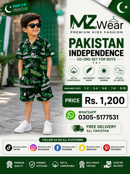 A boy modeling a green and black patterned two-piece kids' outfit with matching shorts, sunglasses, and white sneakers, set against a blurred outdoor background. The right side features promotional text for 'MZ Wear' in Pakistan, including the product name 'Pakistan Independence Co-Ord Set for Boys', price 'Rs.