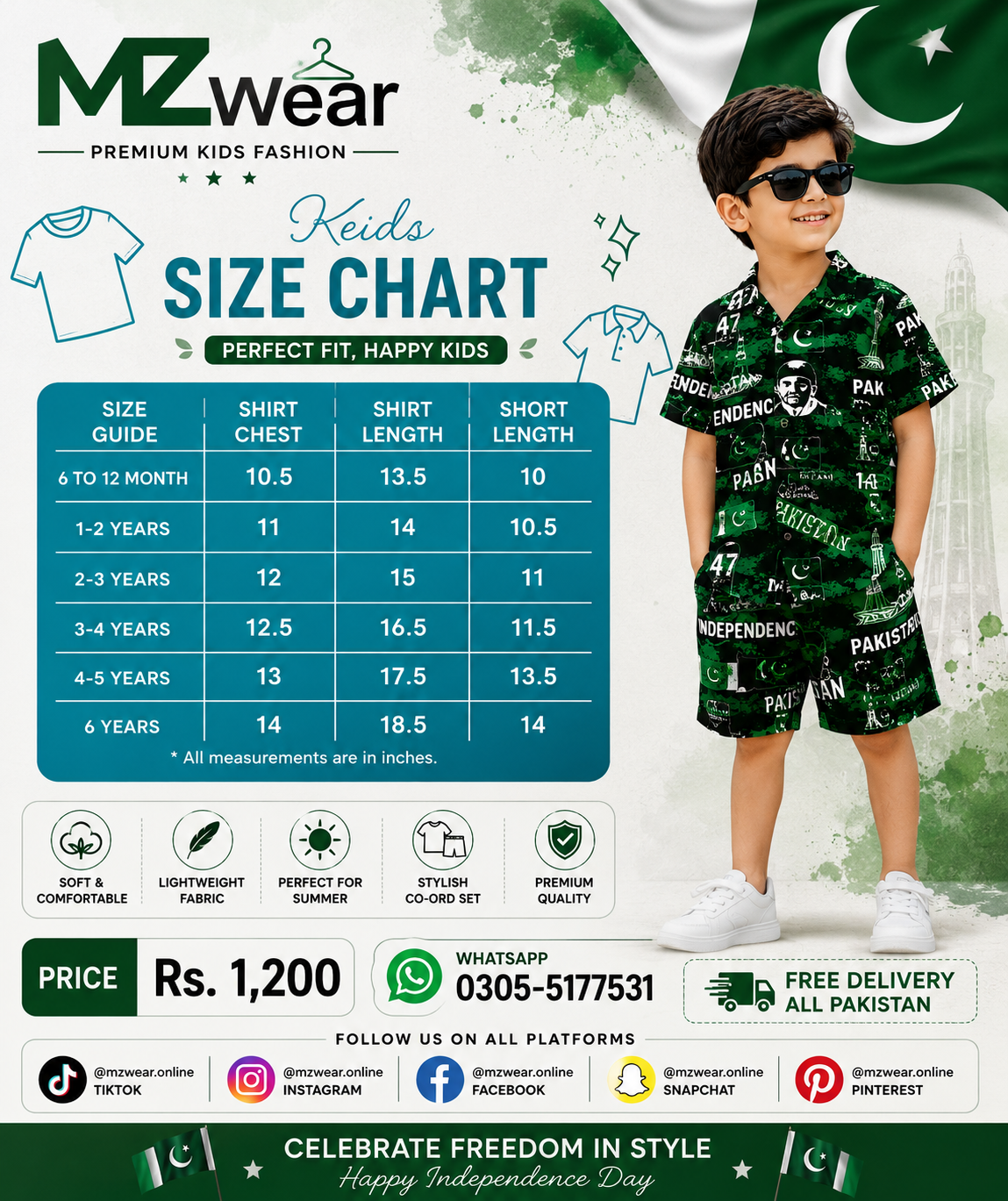 A promotional size chart graphic for MZwear Kids clothing, featuring a child model wearing a green patterned short-sleeve shirt and matching shorts on the right, and a blue measurement table on the left. The design includes Pakistani flag graphics, MZwear branding, product icons, pricing, and social media links.