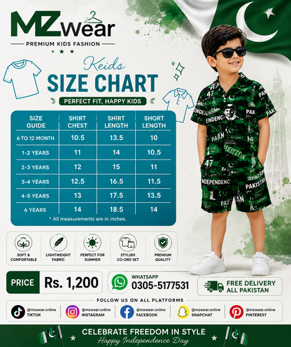 A promotional size chart graphic for MZwear Kids clothing, featuring a child model wearing a green patterned short-sleeve shirt and matching shorts on the right, and a blue measurement table on the left. The design includes Pakistani flag graphics, MZwear branding, product icons, pricing, and social media links.