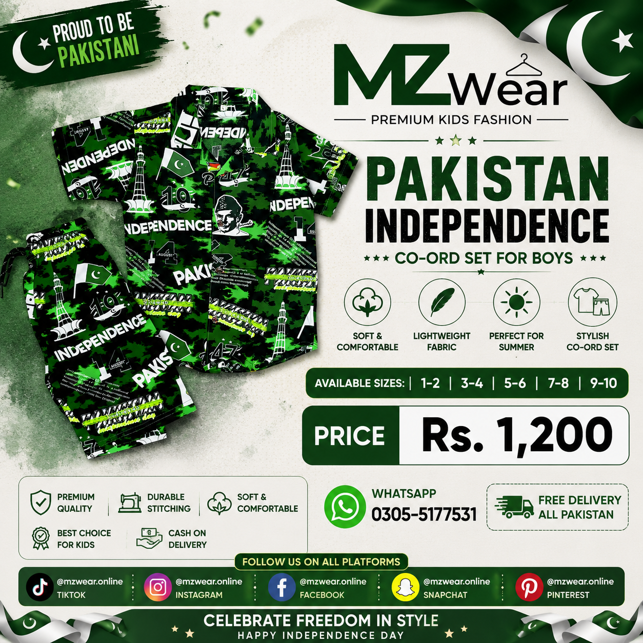 A promotional graphic for an MZwear kids' Pakistan Independence themed co-ord set. The image shows several children's jackets and a matching scarf bundle in black and green with white text and graphics.