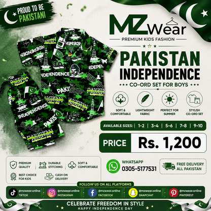 A promotional graphic for an MZwear kids' Pakistan Independence themed co-ord set. The image shows several children's jackets and a matching scarf bundle in black and green with white text and graphics.