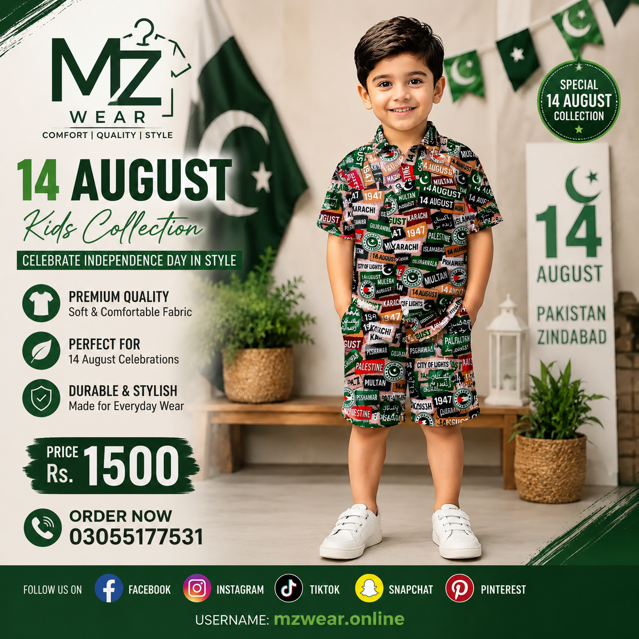 Kids 14 August Dress – Pakistan Independence Day Shirt & Shorts Set | MZ Wear Pakistan