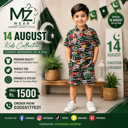 Kids 14 August Dress – Pakistan Independence Day Shirt & Shorts Set | MZ Wear Pakistan