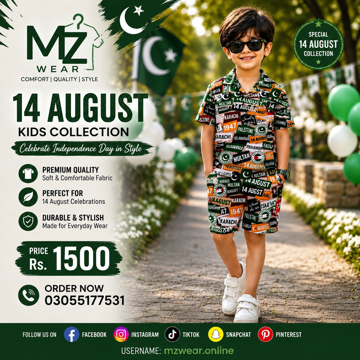 Kids 14 August Dress – Pakistan Independence Day Shirt & Shorts Set | MZ Wear Pakistan
