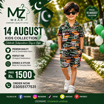 Kids 14 August Dress – Pakistan Independence Day Shirt & Shorts Set | MZ Wear Pakistan