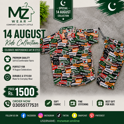 Kids 14 August Dress – Pakistan Independence Day Shirt & Shorts Set | MZ Wear Pakistan
